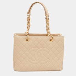 Pre Owned Chanel Beige Quilted Caviar Leather GST Shopper Tote