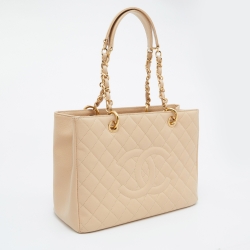 Pre Owned Chanel Beige Quilted Caviar Leather GST Shopper Tote
