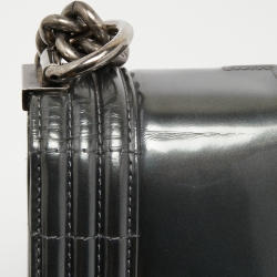 Pre Owned Chanel Grey Patent Leather Large Reverso Boy Flap Bag