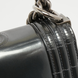 Pre Owned Chanel Grey Patent Leather Large Reverso Boy Flap Bag
