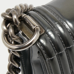 Pre Owned Chanel Grey Patent Leather Large Reverso Boy Flap Bag