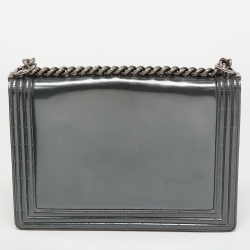 Pre Owned Chanel Grey Patent Leather Large Reverso Boy Flap Bag
