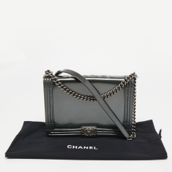 Pre Owned Chanel Grey Patent Leather Large Reverso Boy Flap Bag