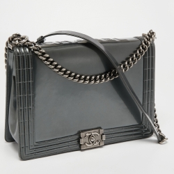 Pre Owned Chanel Grey Patent Leather Large Reverso Boy Flap Bag