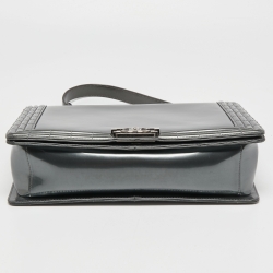 Pre Owned Chanel Grey Patent Leather Large Reverso Boy Flap Bag