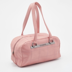 Pre Owned Chanel Pink Leather Square Quilt LAX Bowler Bag