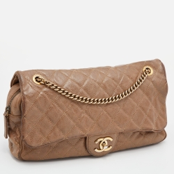 Pre Owned Chanel Brown Quilted Crumpled Caviar Leather Large Shiva Flap Bag