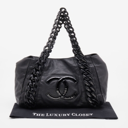 Pre Owned Chanel Black Leather Modern Chain Rhodoid East West Tote