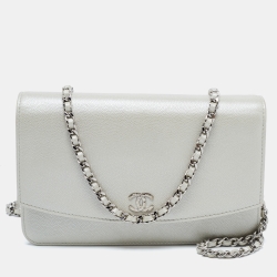 Pre Owned Chanel Pearl White Caviar Leather Sevruga Wallet on Chain