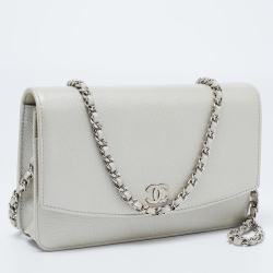 Pre Owned Chanel Pearl White Caviar Leather Sevruga Wallet on Chain