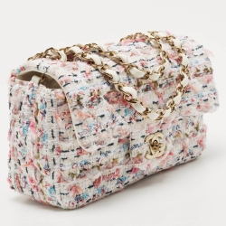 Pre Owned Chanel White/Multiicolor Quilted Tweed New Mini Classic Flap Bag