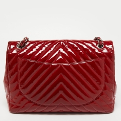 Pre Owned Chanel Red Chevron Patent Leather Maxi Classic Single Flap Bag
