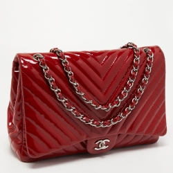 Pre Owned Chanel Red Chevron Patent Leather Maxi Classic Single Flap Bag