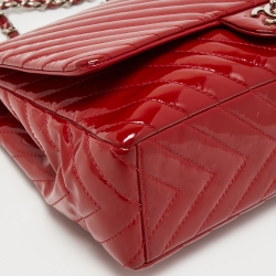 Pre Owned Chanel Red Chevron Patent Leather Maxi Classic Single Flap Bag