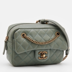 Pre Owned Chanel Green Quilted Leather Camera Case Flap Bag