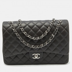 Pre Owned Chanel Dark Grey Quilted Leather CC Maxi Classic Double Flap Bag