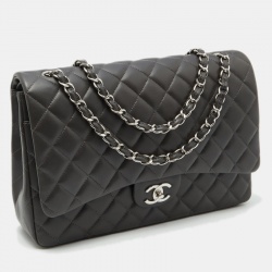 Pre Owned Chanel Dark Grey Quilted Leather CC Maxi Classic Double Flap Bag