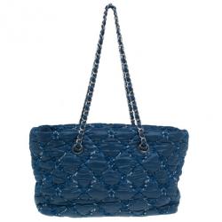 مملوكة مسبقًا Chanel Blue Quilted Tweed Stitched Nylon Small Bubble Shoulder Bag