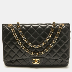 Pre Owned Chanel Black Quilted Leather Maxi Classic Double Flap Bag