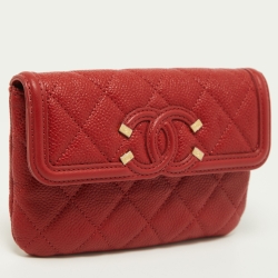 Pre Owned Chanel Red Caviar Leather Small CC Filigree Flap Wallet