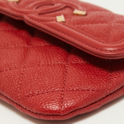 Pre Owned Chanel Red Caviar Leather Small CC Filigree Flap Wallet