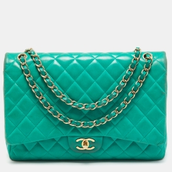 Pre Owned Chanel Green Quilted Lambskin Leather Maxi Classic Double Flap Bag