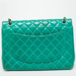 Pre Owned Chanel Green Quilted Lambskin Leather Maxi Classic Double Flap Bag