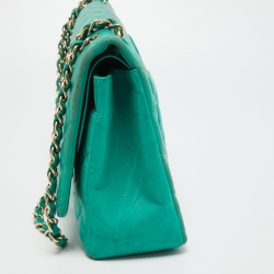 Pre Owned Chanel Green Quilted Lambskin Leather Maxi Classic Double Flap Bag