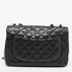 Pre Owned Chanel Black Quilted Caviar Leather Jumbo Classic Single Flap Bag
