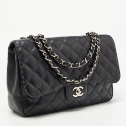 Pre Owned Chanel Black Quilted Caviar Leather Jumbo Classic Single Flap Bag