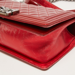Pre Owned Chanel Red Quilted Patent Leather Medium Boy Bag