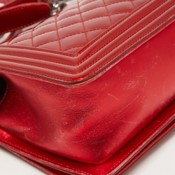 Pre Owned Chanel Red Quilted Patent Leather Medium Boy Bag