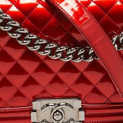 Pre Owned Chanel Red Quilted Patent Leather Medium Boy Bag