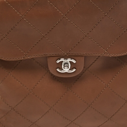 Pre Owned Chanel Brown Wild Stitch Leather Double Flap Shoulder Bag
