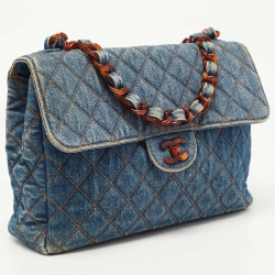 Pre Owned Chanel Blue Quilted Denim Classic Flap Bag