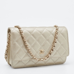 Chanel Gold Quilted Caviar Leather Classic Wallet on Chain