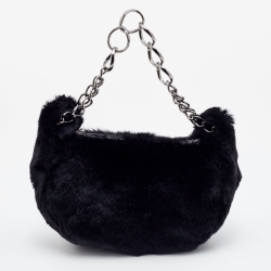 Pre Owned Chanel Black Lapin Rabbit Fur Shoulder Bag