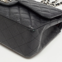 Pre Owned Chanel Black Quilted Caviar Leather Jumbo Classic Double Flap Bag