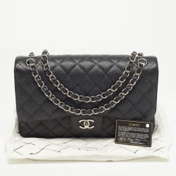Pre Owned Chanel Black Quilted Caviar Leather Jumbo Classic Double Flap Bag