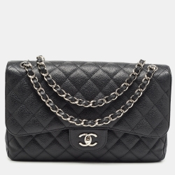 Pre Owned Chanel Black Quilted Caviar Leather Jumbo Classic Double Flap Bag