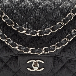 Pre Owned Chanel Black Quilted Caviar Leather Jumbo Classic Double Flap Bag