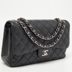 Pre Owned Chanel Black Quilted Caviar Leather Jumbo Classic Double Flap Bag
