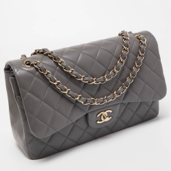 Pre Owned Chanel Grey Quilted Leather Jumbo Classic Double Flap Bag