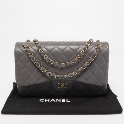 Pre Owned Chanel Grey Quilted Leather Jumbo Classic Double Flap Bag