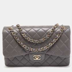 Pre Owned Chanel Grey Quilted Leather Jumbo Classic Double Flap Bag