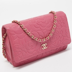 Pre Owned Chanel Pink Embossed Leather Camellia WOC Clutch