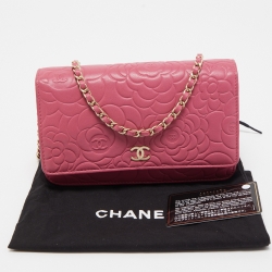 Pre Owned Chanel Pink Embossed Leather Camellia WOC Clutch