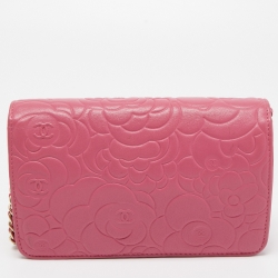 Pre Owned Chanel Pink Embossed Leather Camellia WOC Clutch