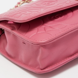 Pre Owned Chanel Pink Embossed Leather Camellia WOC Clutch