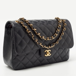 Pre Owned Chanel Black Quilted Caviar Leather Jumbo Classic Double Flap Bag